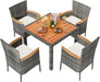 5 Piece Patio Dining Set, Wicker Patio Conversation Set with Wooden Table Top, Outdoor Table and Chairs with Soft Cushions for Backyard, Deck and Garden, Grey Wicker