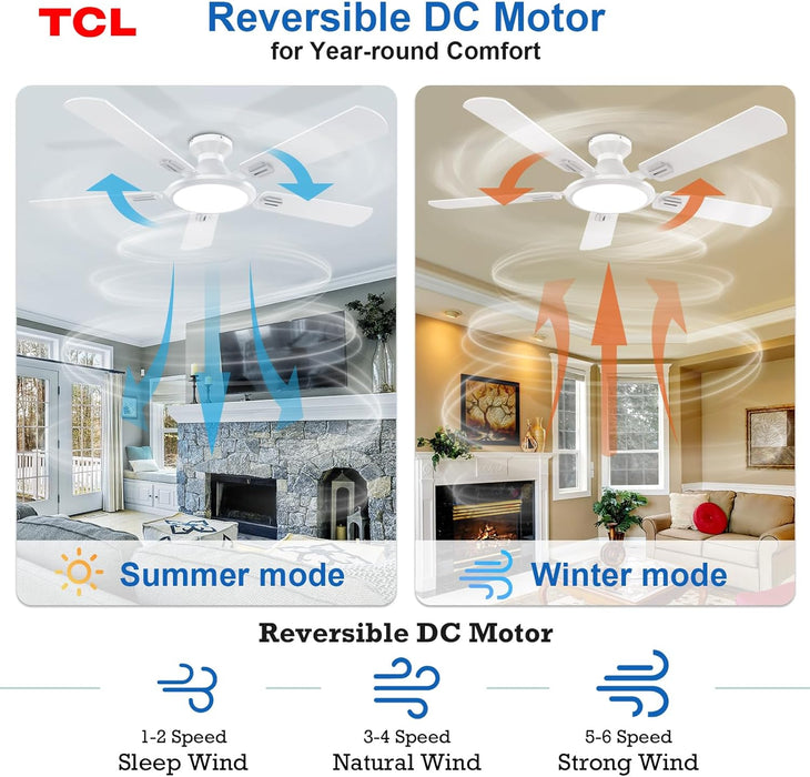 Ceiling Fans with Lights, 52 Inch Low Profile Ceiling Fan with Light and Remote Control, Flush Mount, DC Reversible Motor, Noiseless, 6 Speeds Ceiling Fan for Bedroom (White)