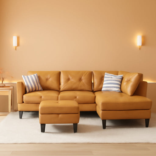 Leather Sectional Sofa Couch,L-Shape Sofa Sectional Couch Set with Storage Ottoman for Living Room/Apartment/Office(Ginger，Facing Right Chaise)