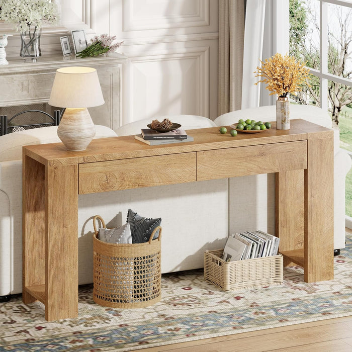 60 Inch Long Entryway Console Table with Drawers, Farmhouse Sofa Table behind Couch, Entrance Accent Table for Hallway, Living Room, Foyer, Bedroom, Wooden Thick Tabletop (Natural)
