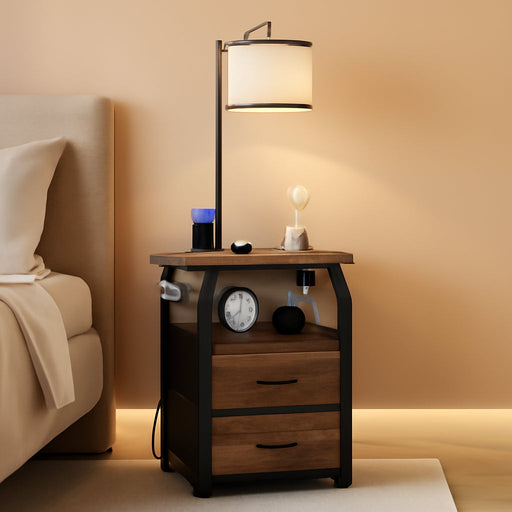 Floor Lamp with Table, End Tables with Lamps Attached 3-Color Temperature Bulb, Side Table with Lamp with 2 Drawers & Charging, Lamps Tables Combo for Bedroom, Dorm, Apartment - Rustic Brown