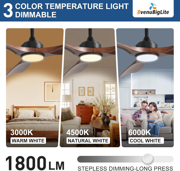 Outdoor Ceiling Fan with Light: 52 Inch 3 Blade Outdoor Fans for Patios - Modern Walnut Ceiling Fan with Dimmable Light Remote APP Control Ultra Quiet Reversible DC Motor Timer