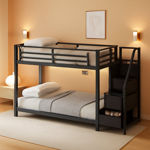Black Twin Over Twin Metal Bunk Bed StorageDrawers