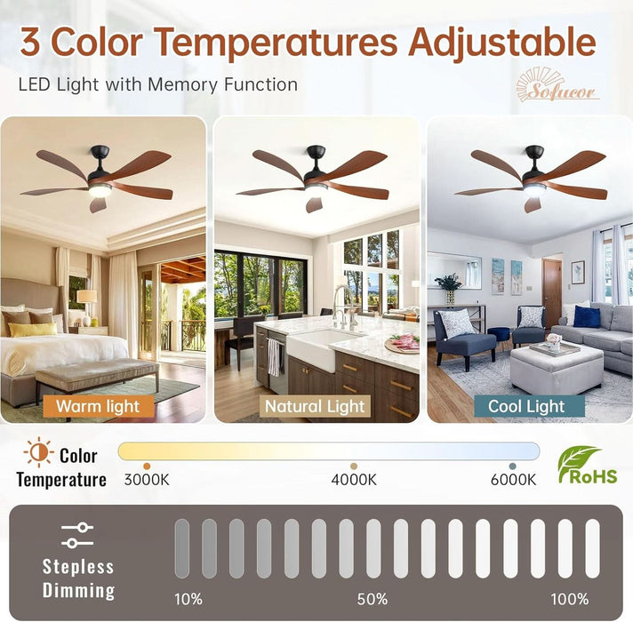 52 Inch Smart Ceiling Fan with Light, Modern Ceiling Fan with Dimmable Memory LED, Compatible with Alexa/Google/App, 6 Speeds 5000CFM, Timer Quiet Reversible DC Motor, ABS, FCC/ETL, Brown
