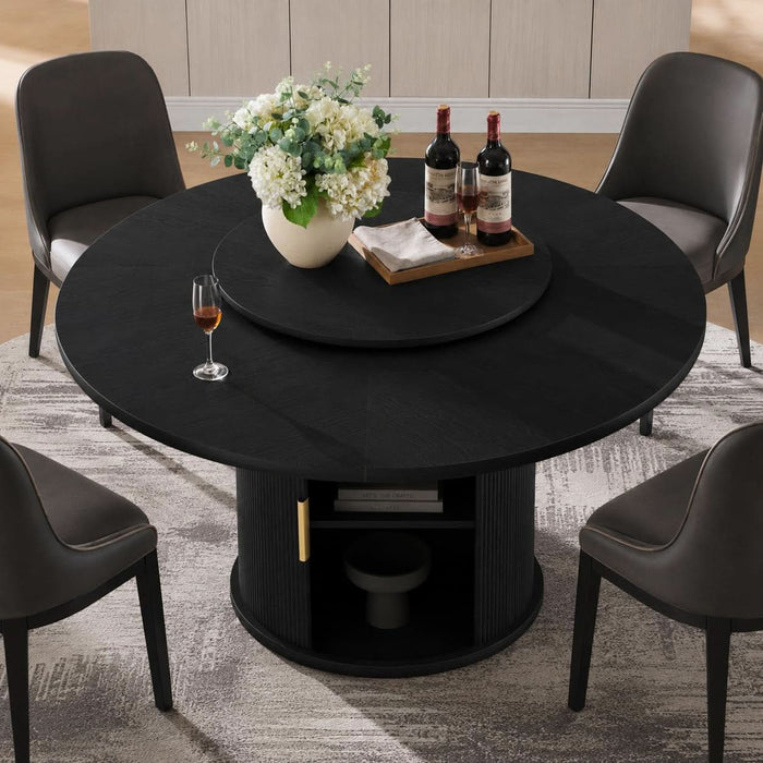 55" Fluted round Dining Table for 4-6, Mid-Century Modern Kitchen Table with Rotating Tray, 2-Tier Storage Shelf, Wood Sliding Doors and Pedestal Base, Black