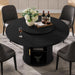 55" Fluted round Dining Table for 4-6, Mid-Century Modern Kitchen Table with Rotating Tray, 2-Tier Storage Shelf, Wood Sliding Doors and Pedestal Base, Black