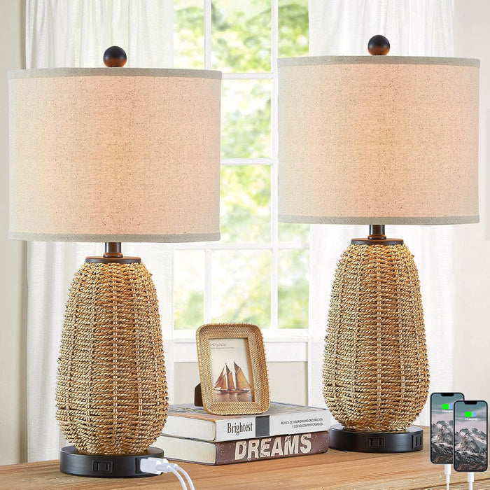 Touch Control Rattan Table Lamps, 3 Way Dimmable Bedside Lamps for Bedroom Set of 2 with 2 USB Ports and AC Outlet, Nightstand Lamps for Living Room (LED Bulbs Included), Grass