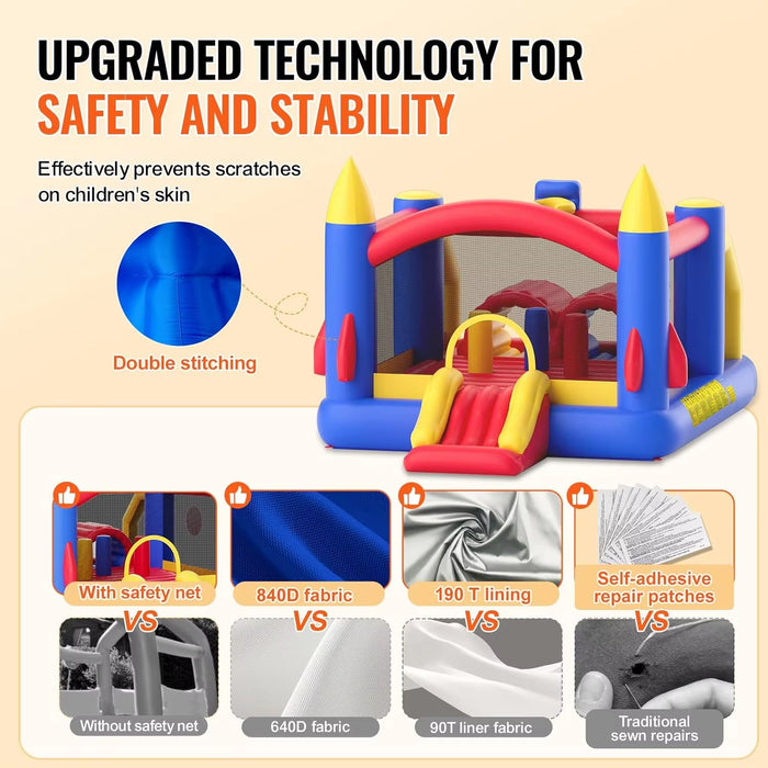 Inflatable Bounce House, Outdoor Playhouse Trampoline, Jumping Bouncer with Blower, Slide, and Storage Bag, Family