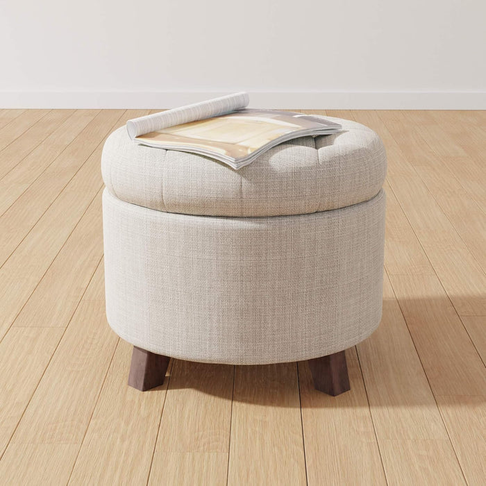 round Linen Ottoman with Storage, Tufted Upholstered Footstool for Living Room and Bedroom, 20" X 17", Linen Burlap Beige