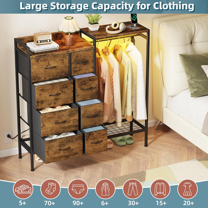 Dresser with Hanging Rack, 8-Drawer Dresser for Bedroom with Charging Station & LED Lights, Fabric Dressers with Shoe Rack, Rustic Brown, 11.8" D X 42" W X 42.7" H (8 Drawers)