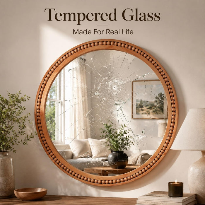 30 Inch round Wall Mirror with Beaded Solid Wood Frame, Decorative Wall Mirror with Tempered Glass, Farmhouse Home Decor for Bathroom, Living Room, Entryway, Yellowish Brown