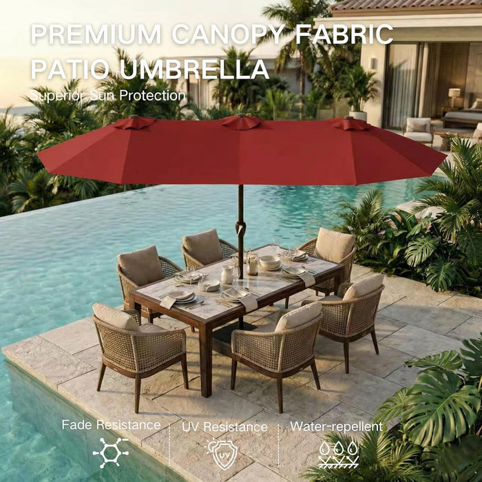 15Ft Large Patio Umbrella with Base Included, Double-Sided Rectangle Outdoor Table Umbrella with 12 Reinforced Ribs, Crank Lift for Market Pool Deck Backyard, Red