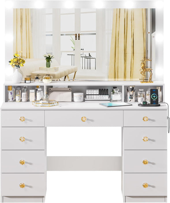 Vanity Desk with Lighted Mirror, Makeup Vanity Table with Power Outlet, 9 Drawers & Crystal Handles, 43.3” Large Vanity Desk Dressing Table for Women, Girls, Bedroom, White