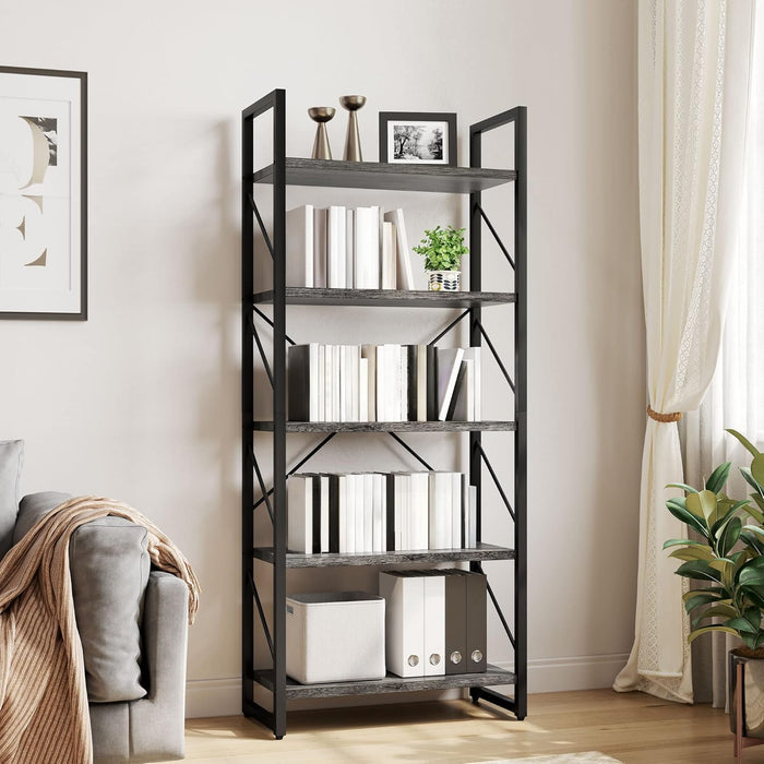 5 Tiers Bookshelf, Industrial Artsy Grey Bookcase Bookshelves, Book Rack, Storage Rack Shelves Books Holder Organizer for Books Movies in Living Room Home Office, Charcoal Gray + Black