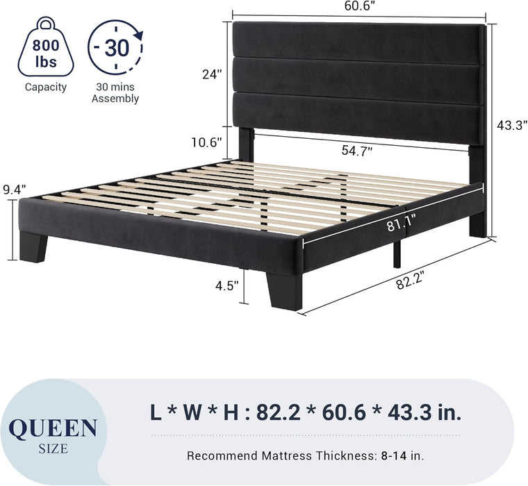 Queen Size Platform Bed Frame with Velvet Upholstered Headboard and Wooden Slats Support, Fully Upholstered Mattress Foundation/No Box Spring Needed/Easy Assembly, Black