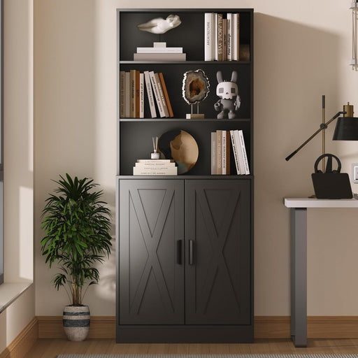 66.9” Tall Bookcase with 2 Doors, 5 Tier Bookshelf, Storage Wood Bookshelves, Large Farmhouse Bookcases, Library Book Case for Living Room Bedroom Home Office Kitchen, Black