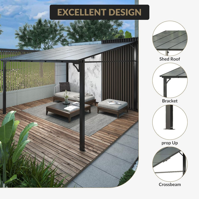 10X12Ft Lean to Gazebo with Polycarbonate Hardtop Roof - Hardtop Wall Pergola, Aluminum Frame Wall Mounted Gazebo for Patio, Deck, Yard, Garden & Party Shade