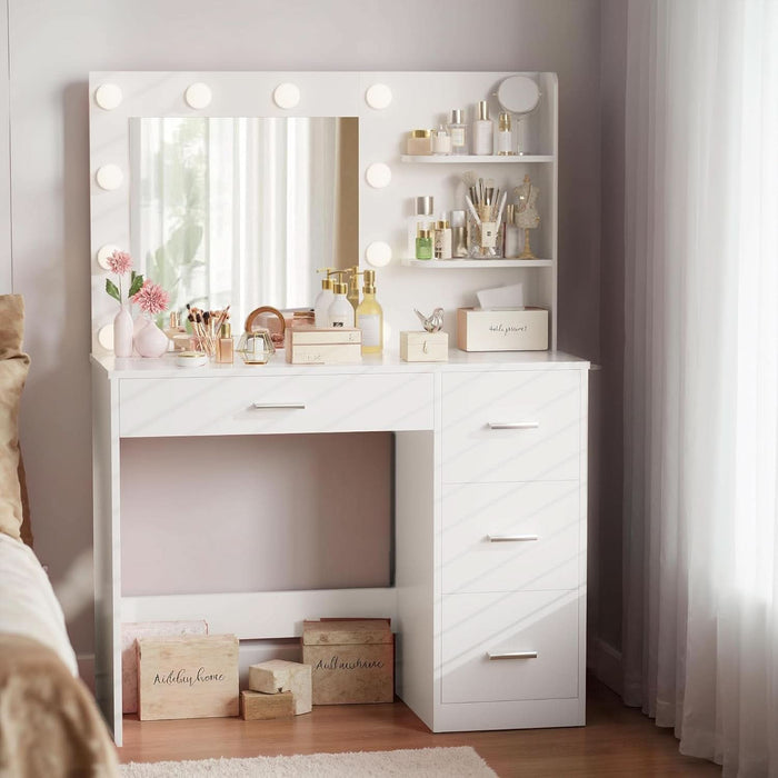Vanity Desk with LED Lighted Mirror&Power Outlet, Makeup Vanity Table with 4 Drawers, 3 Open Storage Shelves, and 3 Color Modes, for Bedroom (Pure White)