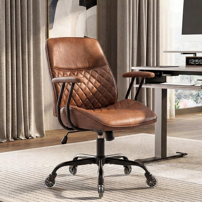 Leather Office Desk Chair with Rubber Casters for Home (Brown)