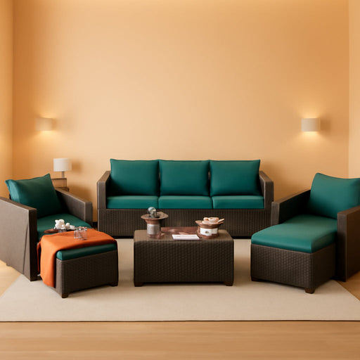 Patio Furniture Set 6 Pieces Couch Outdoor Chairs Coffee Table Peacock Blue Anti-Slip Cushions and Waterproof Covers