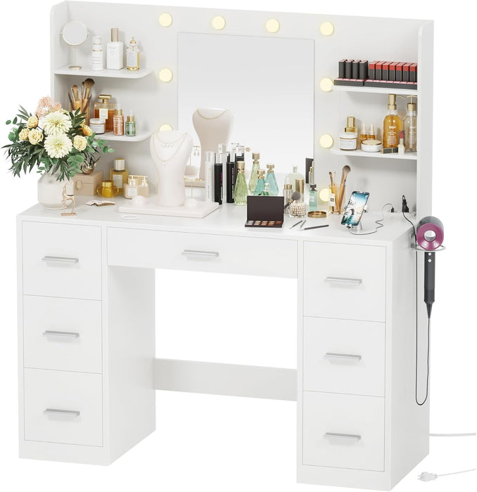 Vanity Desk with LED Lighted Mirror&Power Outlet, 3 Model Lights Makeup Vanity Table with 7 Drawers and 6 Storage Shelves for Bedroom and Dressing Room (White)