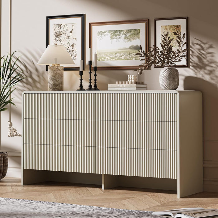 55" Wide Modern Curved 6 Drawer Dresser，Beige