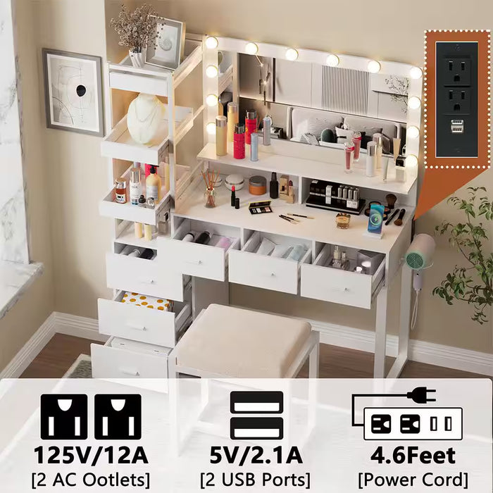 White Makeup Vanity Set with LED Lighted Mirror and Power Outlet, 6-Drawers and 3 Storage Movable Shelves