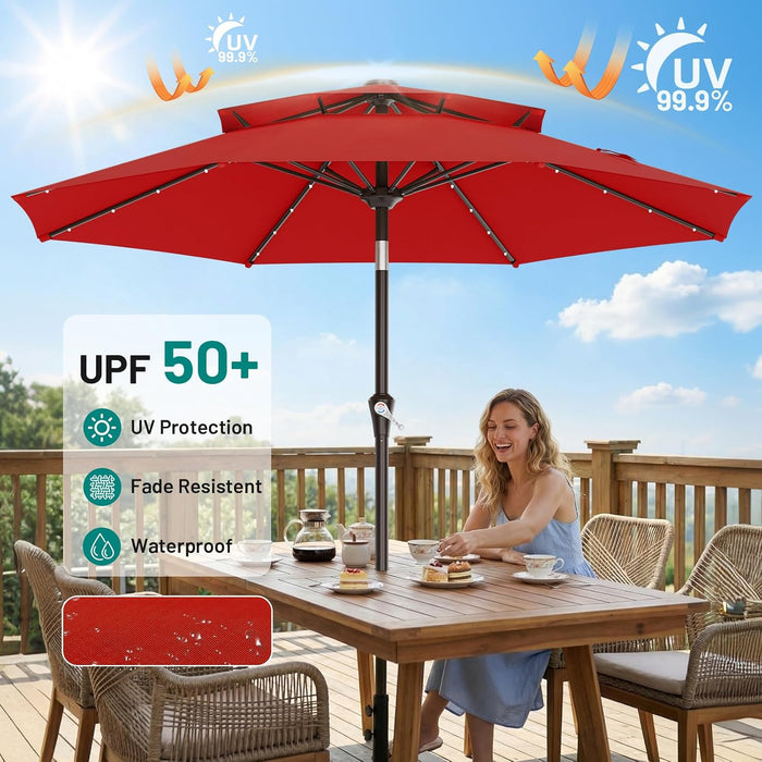 9Ft 2 Tiers Patio Umbrella with Solar Lights, Outdoor Umbrella W/ 32 LED Lights&8 Sturdy Ribs, Table Umbrella for Deck, Backyard, Pool(Red)