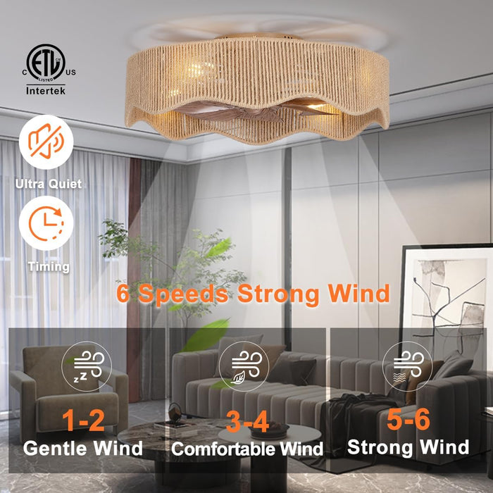 22" Boho Flush Mount Caged Ceiling Fans with Lights, Rustic Rattan Low Profile Ceiling Fans with Lights and Remote, Bladeless Fandelier Ceiling Fan with Light for Kitchen, Bedroom - ETL
