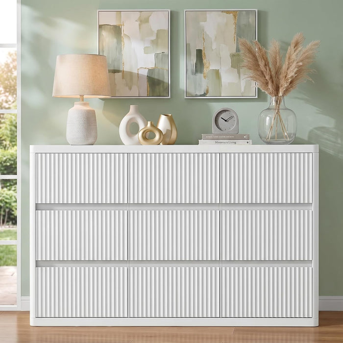 White 9 Drawers Dresser for Bedroom, 57" Wide Modern Fluted Chest of Drawers with Curved Profile, Handleless, Vertical Dressers for Bedroom, Living Room, Hallway