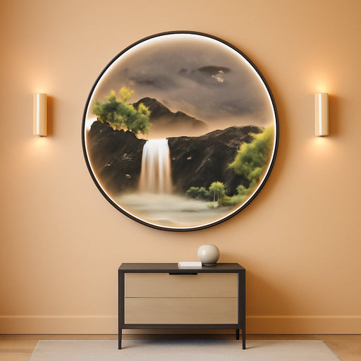 Illuminated Mountain Waterfall Wall Art 30x30 Inch