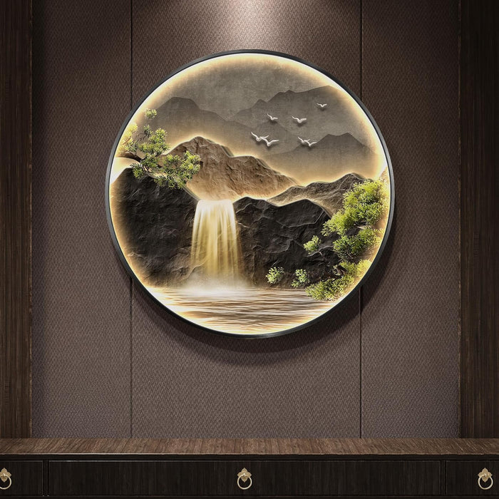 Illuminated Mountain Waterfall Wall Art 30x30 Inch