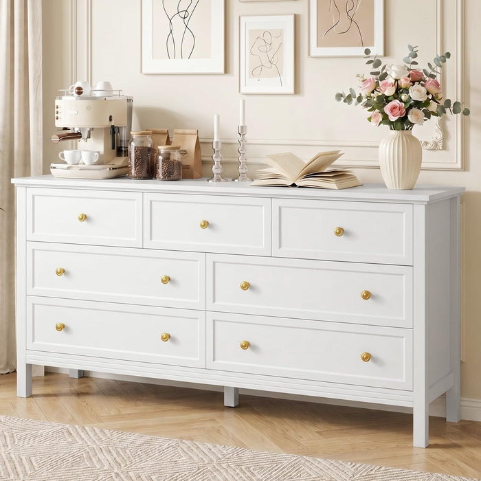 55" White Dresser for Bedroom with 7 Drawers & Modern Gold Handle