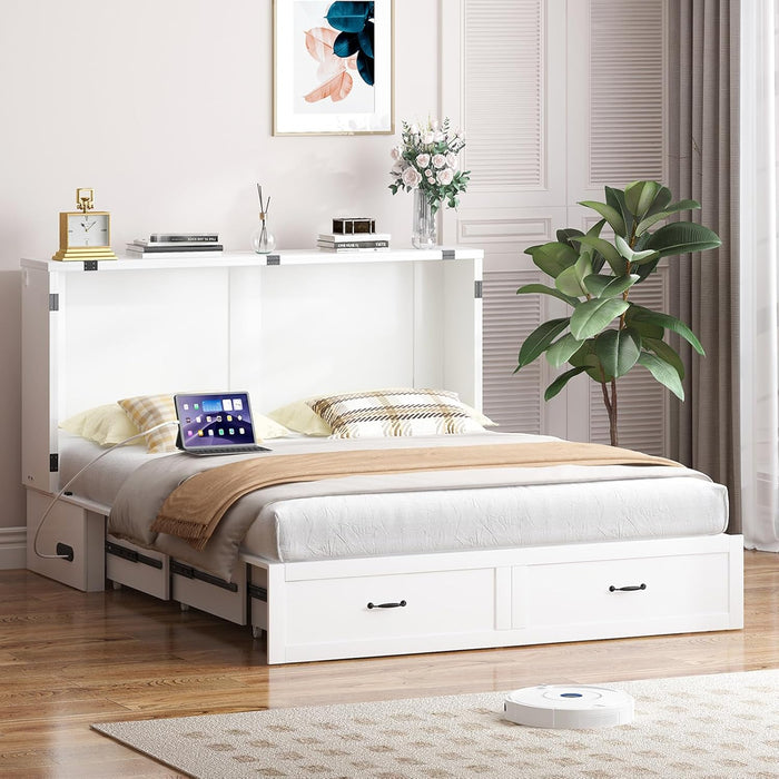Queen Murphy Bed Cabinet Integrated Charging White