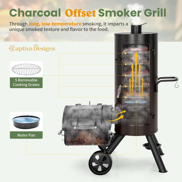 Charcoal Vertical Smoker Grill and Offset Smoker Grill Combo, Extra Large Outdoor Barrel BBQ Meat Smoker with 5 Removable Smoking Grates & Built-In Hooks for Various Meat Foods