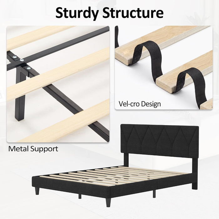 Queen Bed Frame, Chenille Button Tufted Design Upholstered Headboard, Black