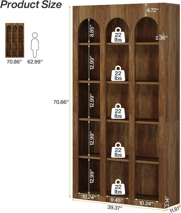 5-Tier Farmhouse Arched Bookshelf, 70.87-Inch Mid Century Modern Arched Bookcase with Open Shelves, Tall Book Shelf Vintage Display Storage Shelving Unit for Home Office, Rustic Brown