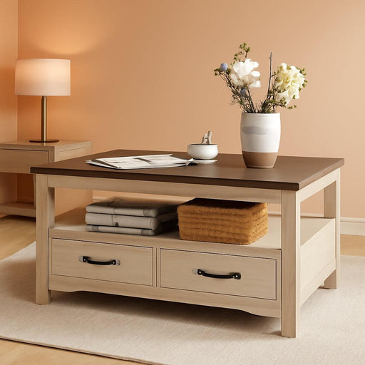 Farmhouse Coffee Table with Storage, Wood Coffee Table for Living Room, Open Display Area and Storage Drawers with Metal Handles, Chic Style with Curved Base. Oak and Brown