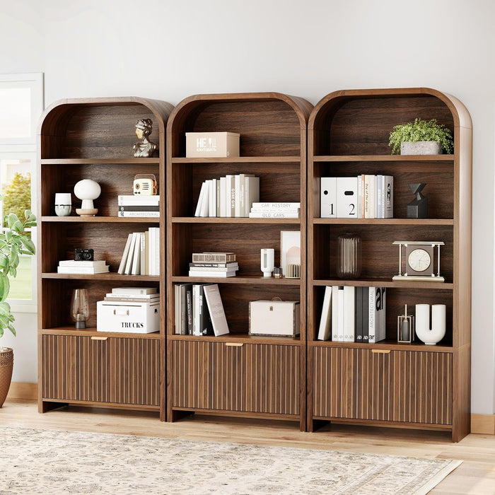 Walnut 70-Inch Freestanding Arched Bookcase Fluted Drawer
