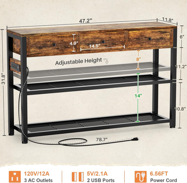47'' Entryway Table with Outlets and USB Ports, Console Table with 3 Drawers, Sofa Table Narrow Long with Storage Shelves for Living Room, Couch, Hallway, Foyer, Kitchen Counter, Rustic Brown
