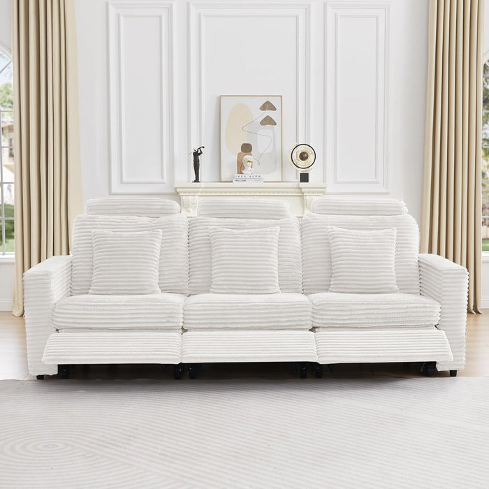 Recliner Sofa, 3 Seater Reclining Sofa with Pillows & Side Pockets, Comfy Corduroy Power Recliner Sectional Couches for Living Room, Apartment, Home Theater (White)