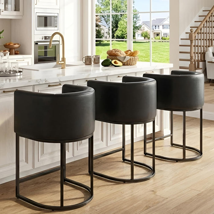 Black Modern Barrel Counter Height Clearance Bar Stools Set of 3, 24 Inch PU Leather Kitchen Barstools with Back for Island, with Black Metal Tubular Frame