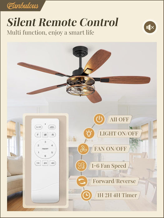 52 Inch Farmhouse Ceiling Fan with Light and Remote, Black Industrial Caged Flush Mount Ceiling Fans with 6 Speed Reversible Motor and Dual Finish 5 Blades, Rustic Ceiling Fan for Living Room, Bedroom
