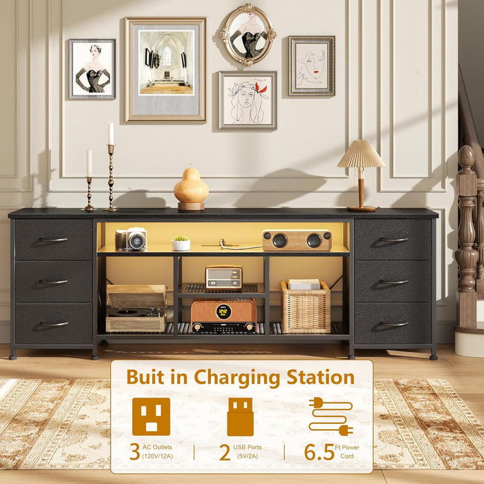 LED TV Stand for 65, 70, 80 Inch TV, 71 Inch Entertainment Center with Power Outlets, 6 Fabric Drawers Dresser for Bedroom, Media Console with Open Shelves, PU Leather Surface, Black