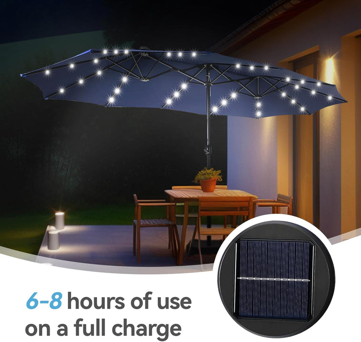 15 Ft Large Outdoor Patio Umbrella with Solar Led Lights & Base Included, Double-Sided Rectangular Table Umbrella with Stand, Market Umbrellas for Deck Poolside Garden Backyard, Navy Blue