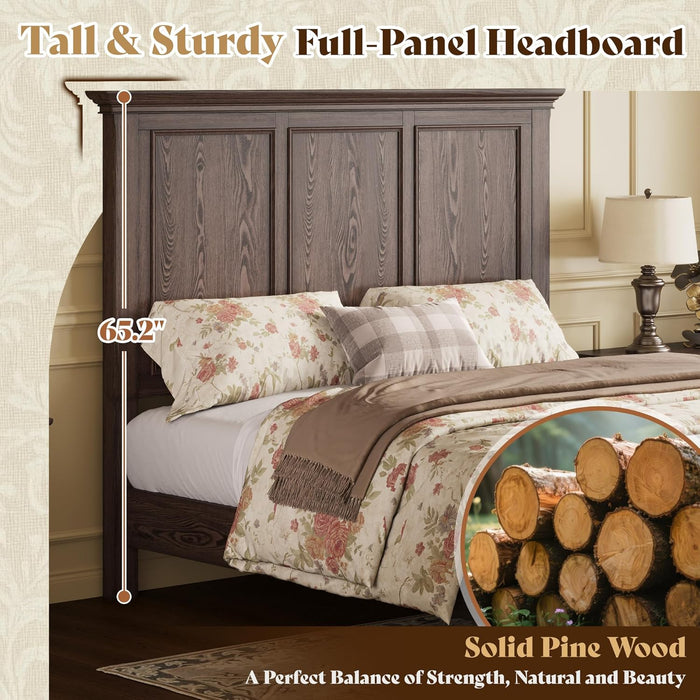 Solid Wood King Bed Frame with 65.2" High Headboard, Traditional Platform Bed with Heavy Duty Slats, No Box Spring Needed, Easy Assembly, Dark Brown