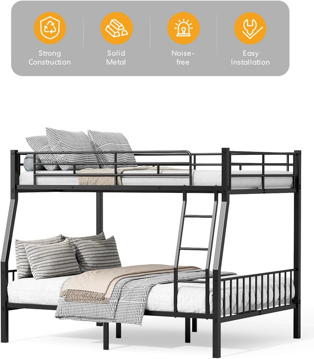 Full XL over Queen Bunk Beds for Adults, Heavy-Duty Metal Bunk Bed Frame with Non-Slip Ladder and Safety Full-Length Guardrails for Kids Teens Adults, Space-Saving, Black