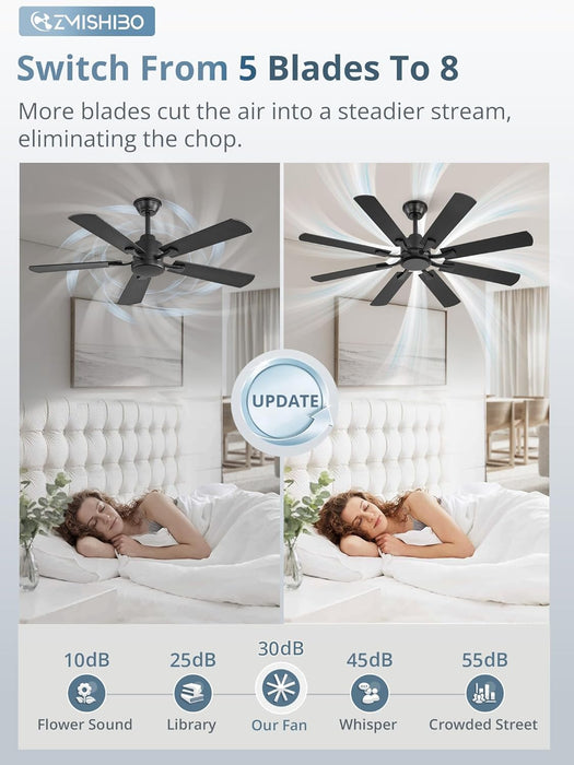 52 Inch Ceiling Fan No Light, 8 Blades Black Ceiling Fans without Lights, Quiet Rerverible DC Motor, 6Speeds, for Bedroom, Living Room, Home Office and Patio
