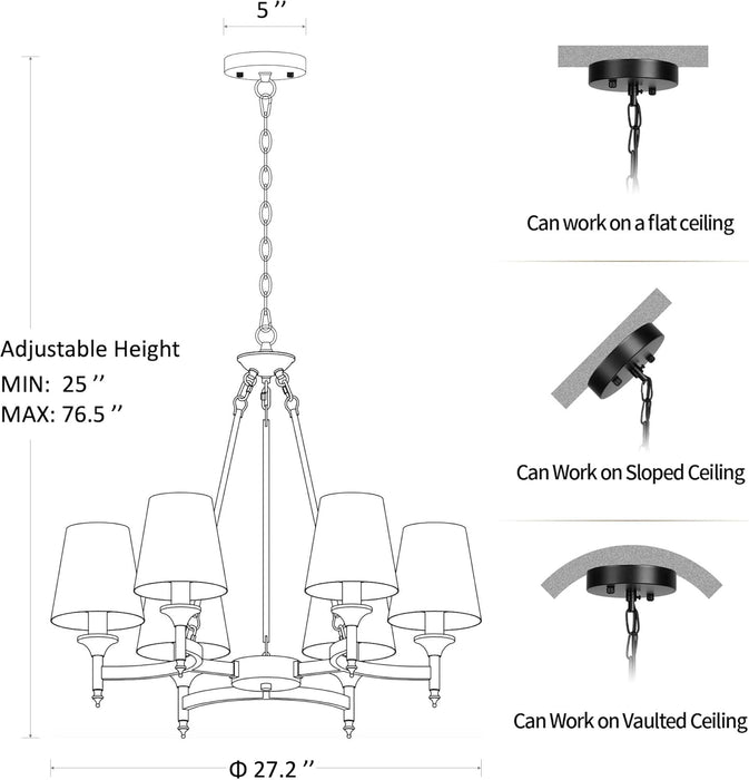 Gold Chandelier with White Shades, 6-Light Modern Farmhouse Chandeliers for Dining Room, Rustic round Hanging Light Fixture for Kitchen Island Bedroom Office Living Room Entryway