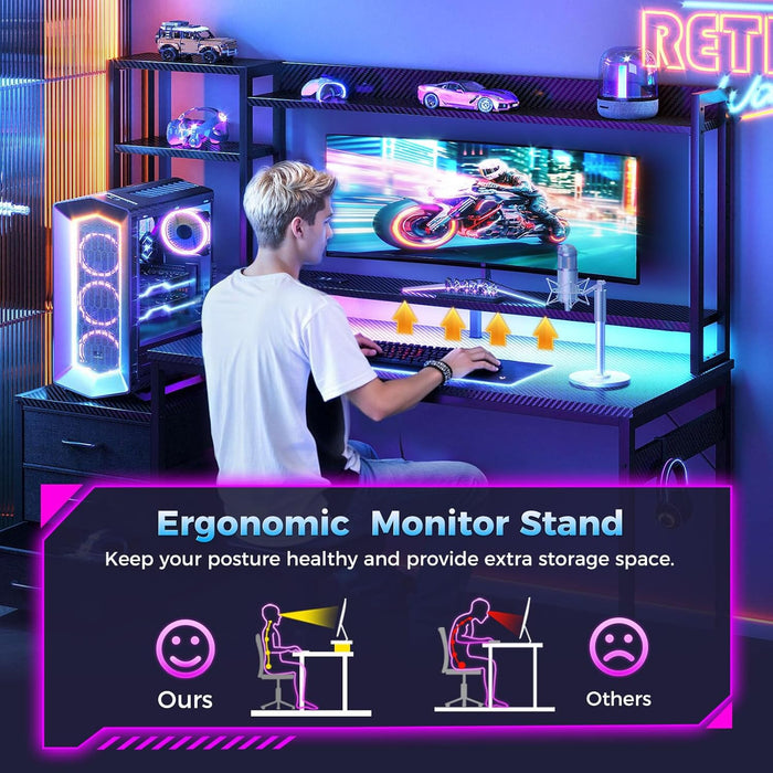 48 Inch Gaming Desk with Hutch & 3 Fabric Drawers, Computer Desk with USB Ports & LED Lights, Reversible Pc Gamer Table with Monitor Stand for Home Office, Carbon Fiber Black